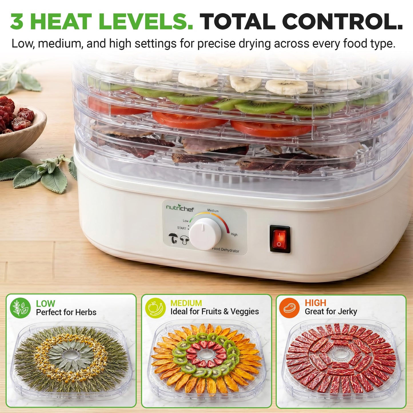 Nutrichef Food Dehydrator Machine | Dehydrates Beef Jerky, Meat, Food, Fruit, Vegetables & Dog Treats | Great For At Home Use | High-Heat Circulation for Even Dehydration | 5 Easy to Clean Trays
