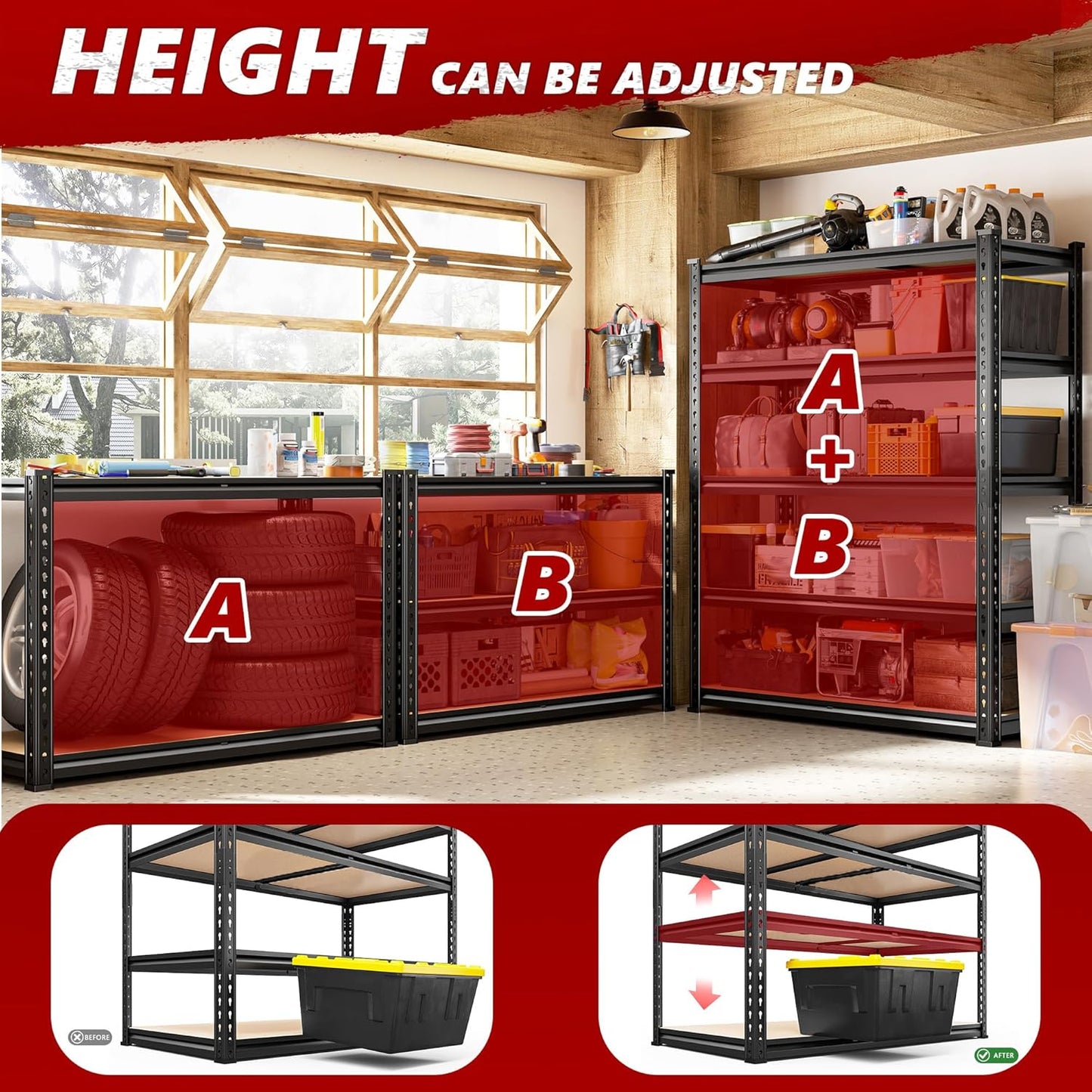 REIBII 5-Tier Heavy Duty Storage Shelves - Adjustable Utility Rack for Garage, Pantry & Closet | 35.5" W x 11.9" D x 72" H, Black