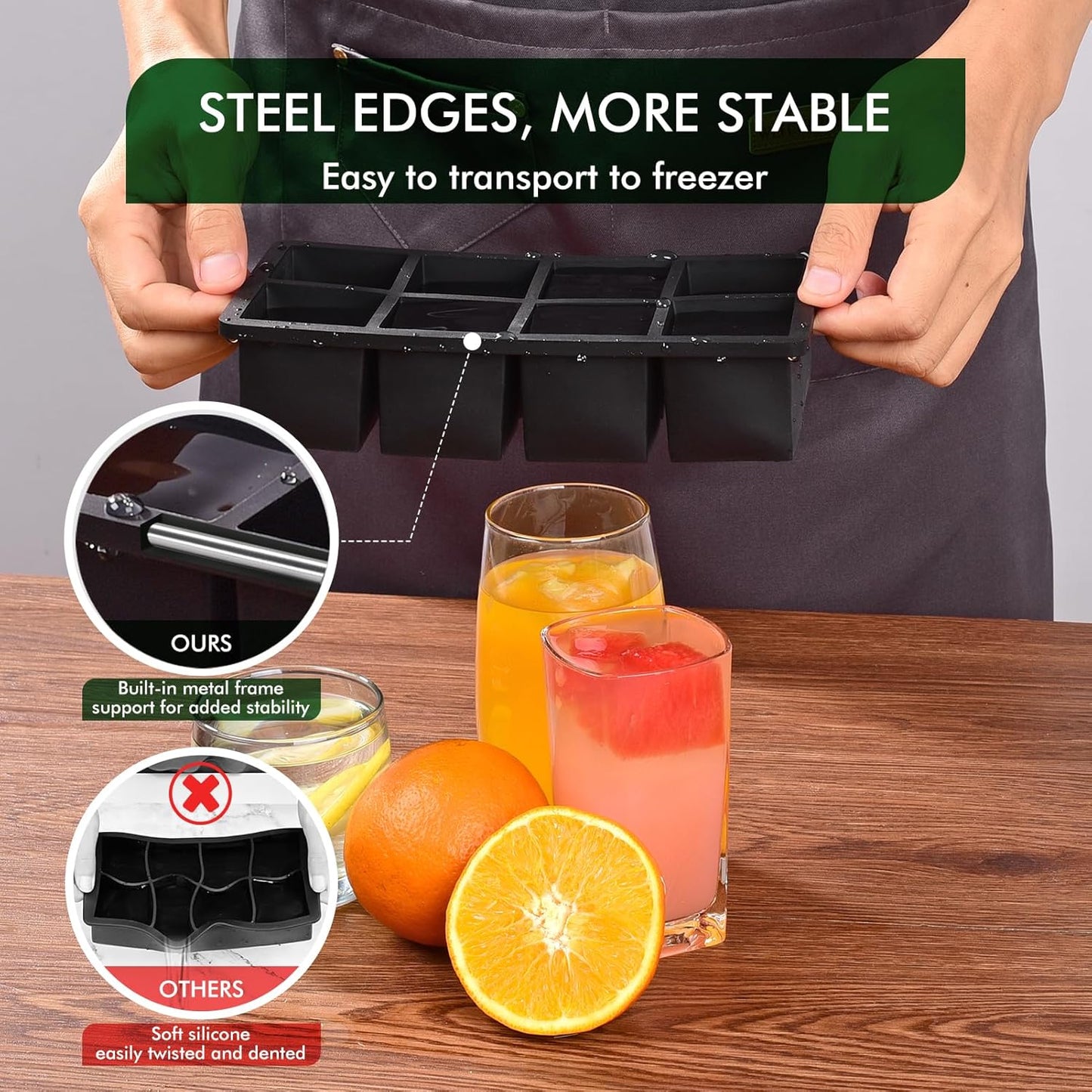 SLGOL Ice Cube Tray - Easy Release Silicone Molds for Whiskey | Stackable 8 Square Ice Cubes