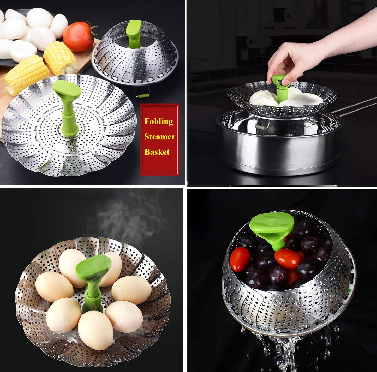 Vegetable Steamer Basket, Stainless Steel Folding Steamer Basket Insert for Veggie Fish Seafood Cooking, Expandable to Fit Various Size Pot (7.1" to 11" Triangle)