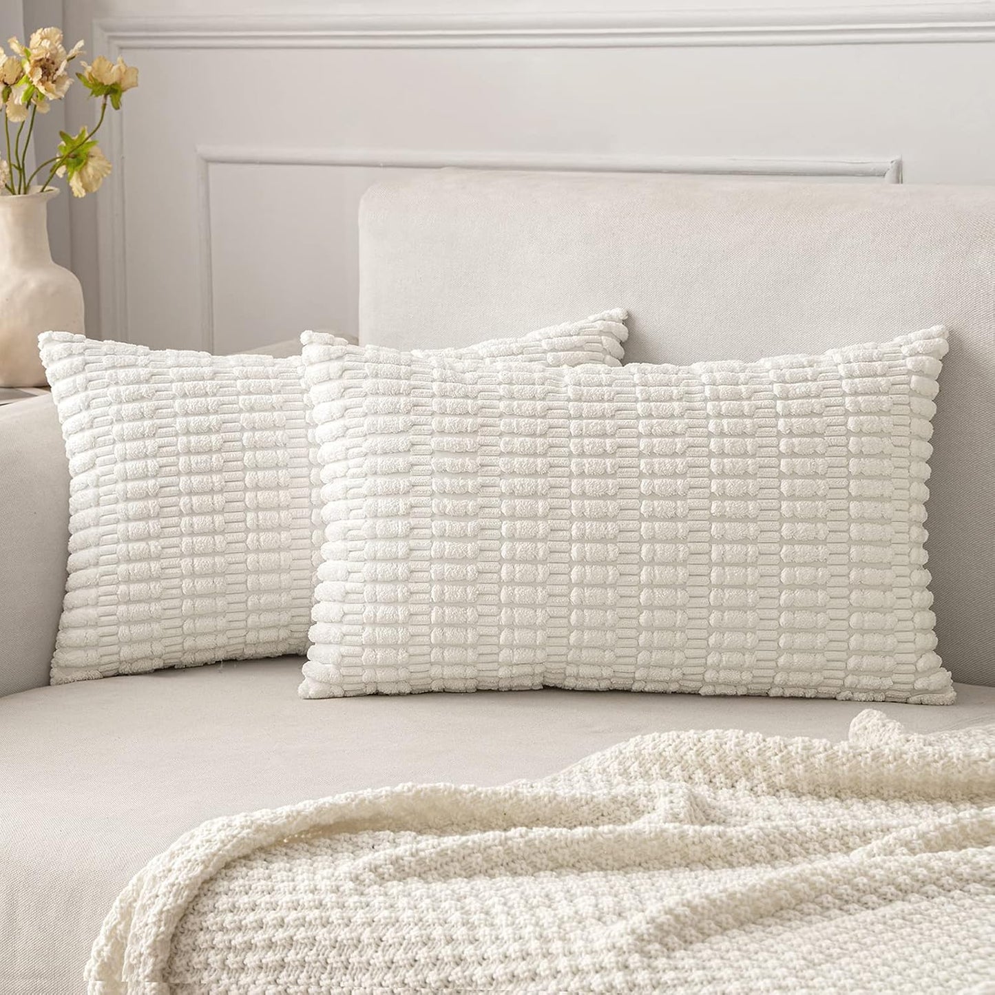 MIULEE Corduroy Decorative Lumbar Pillow Covers - Soft Boho Striped 20x12 Inch | Modern Farmhouse Decor