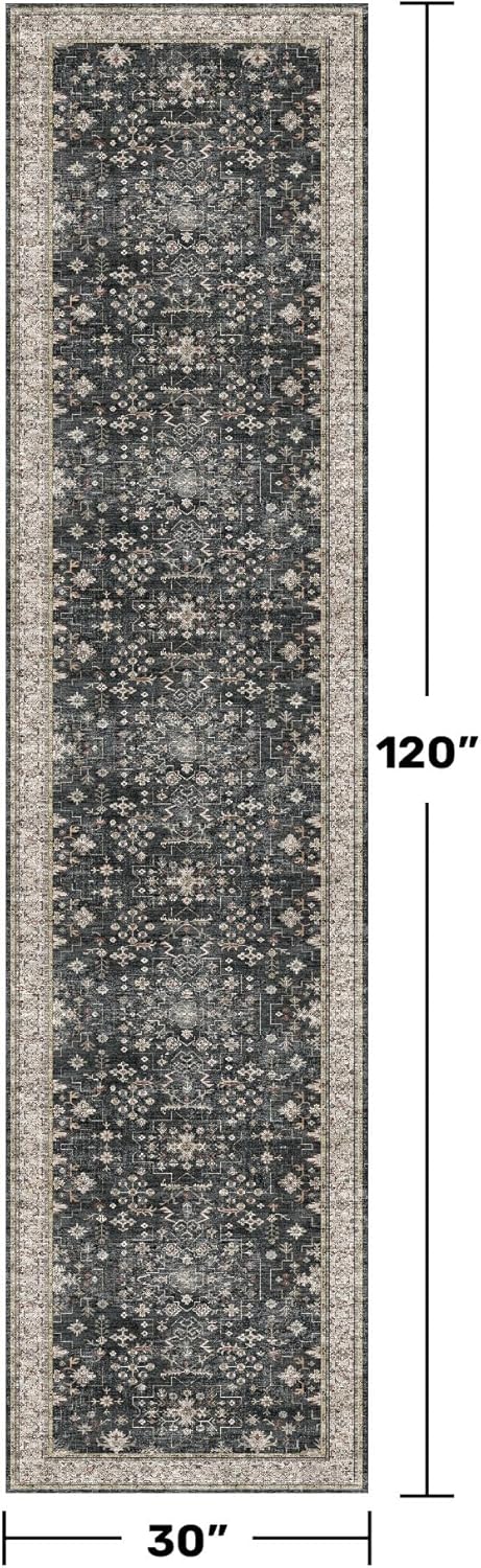 Skiennix Black Washable 10ft Runner Rug - Non-Slip Rubber Backing | Boho Vintage Design for Hallways & Kitchens