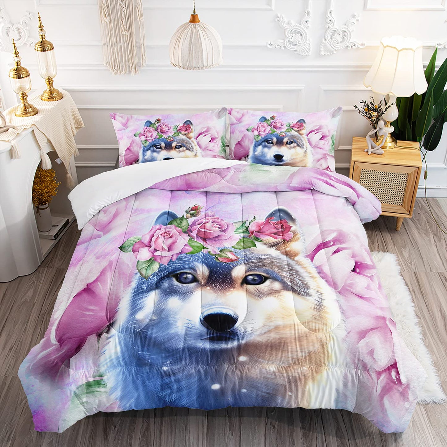 XYNHML Wolf Comforter Set Tie Dye Wolf Bedding Set for Kids Teens Room Decor Romantic Pink Rose Wild Animals Comforter with 2 Pillowcases