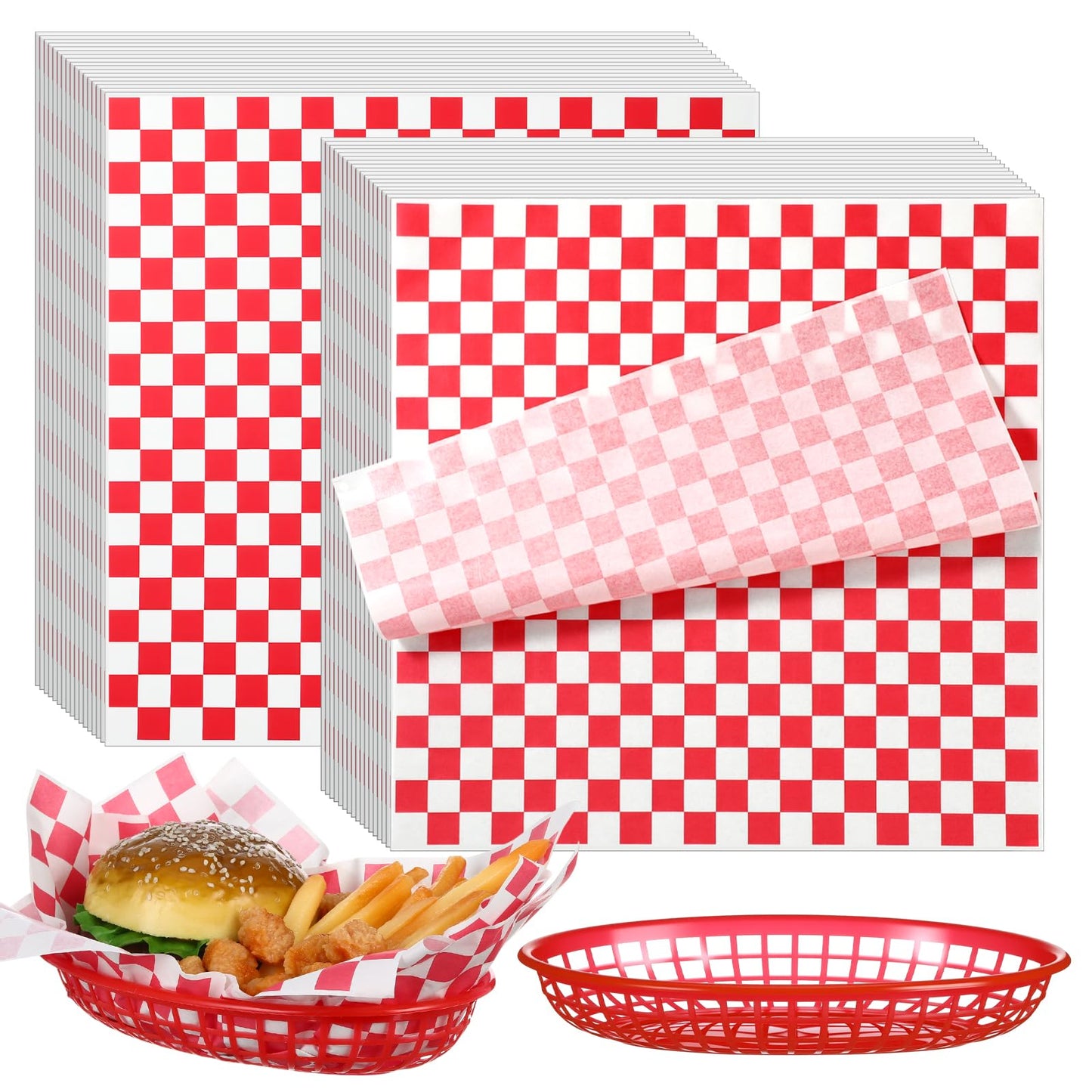 Patelai 30 Pcs Fast Food Baskets with 100 Sheets Red Checkered Deli Liners, 10.5" x 6.7" Red Burger Baskets 100 Pcs Clear Bags with Tie, Restaurant Serving Basket Sets for Burgers Fries Hot Dogs Bread