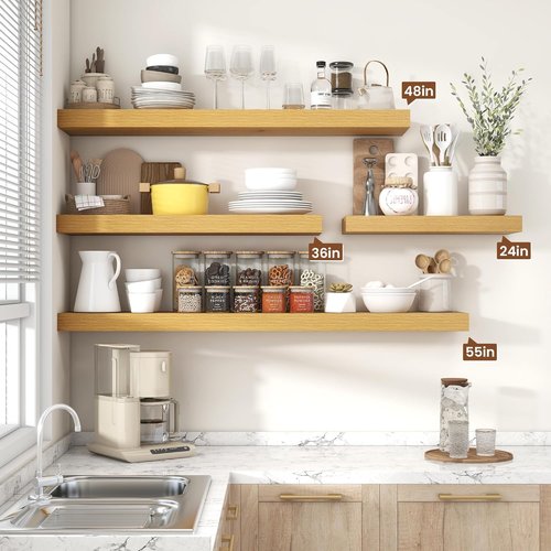 Heimlove Floating Wall Shelves - 16 Inch Oak Wood Shelves for Bathroom, Living Room & Office | Set of 2