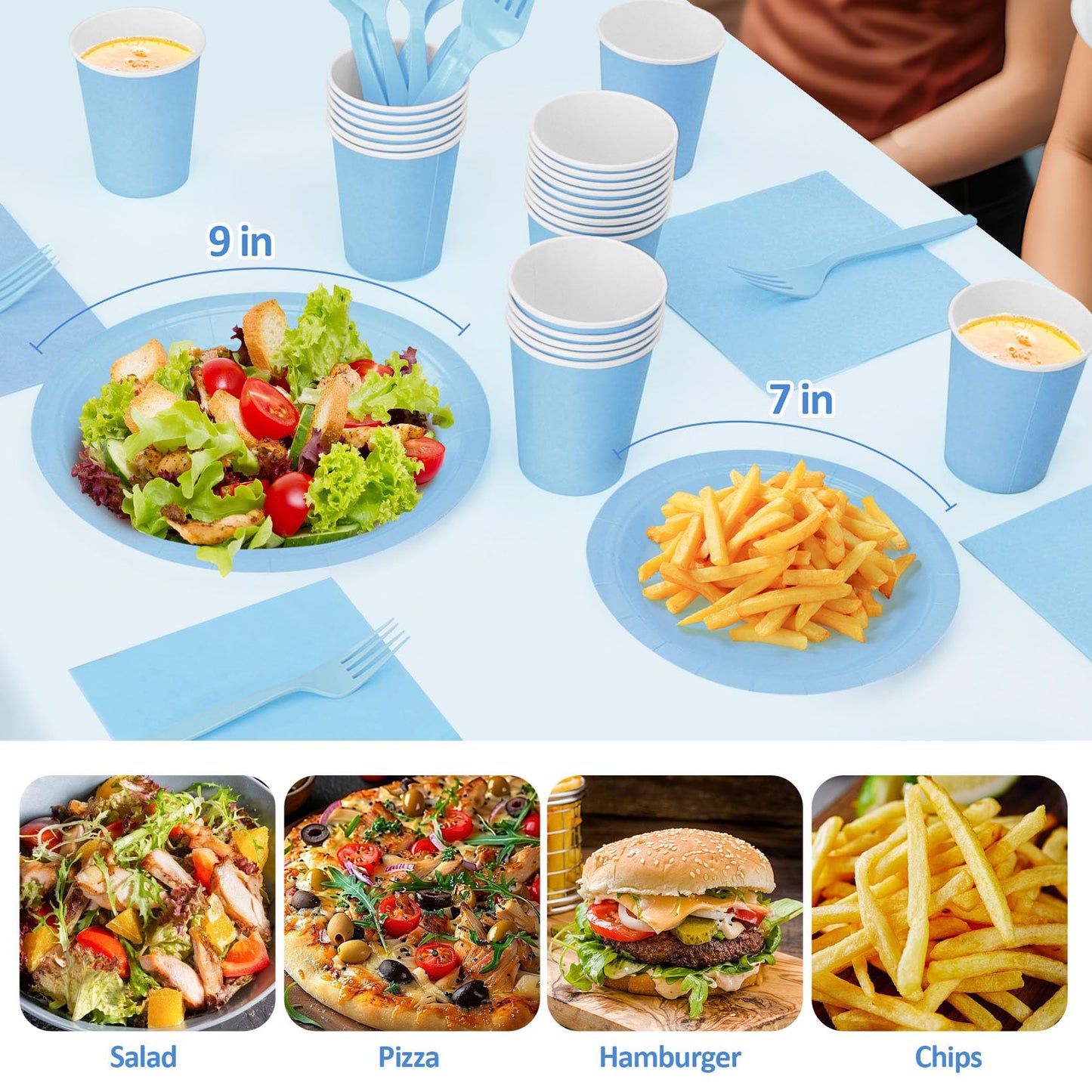 CENLBJ Light Blue Paper Plates and Napkins Party Supplies, Include 9’’Disposable Blue Plate, 7’’Dessert Plates Cups Napkins Forks for Baby Shower, Wedding, Birthday Decorations, Serves 25