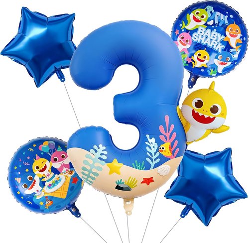 Baby Shark | PartyWoo Blue Foil Number 3 Balloon - 5pcs 18-Inch Mylar Helium Birthday Decor