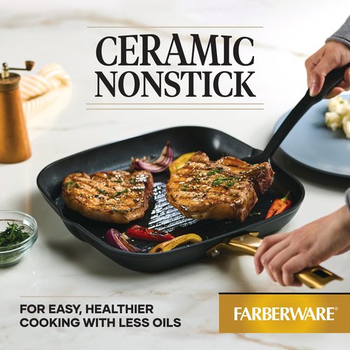 Farberware Forged Induction Ceramic Cookware Nonstick Square Grill Pan/Griddle Pan, Dishwasher Safe, Suitable for All Stovetops, 11 Inch - Black and Gold