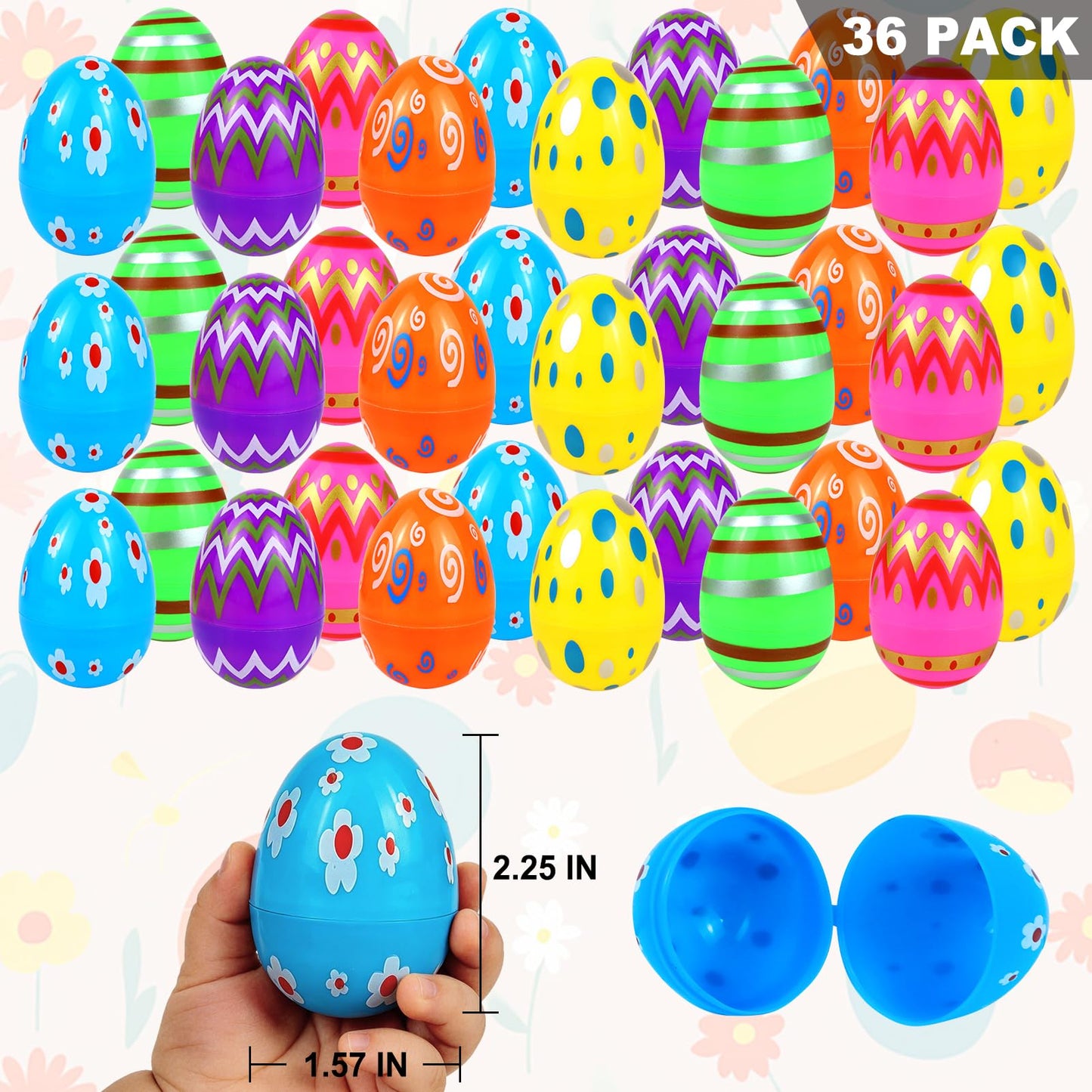 JOHOSEEK Plastic Easter Eggs Fillable, 36 PCS Printed Bright Easter Eggs Empty, Colorful Eggs for Easter Gifts Party Favors Eggs Hunt, Easter Basket Stuffers, Plastic Eggs Bulk