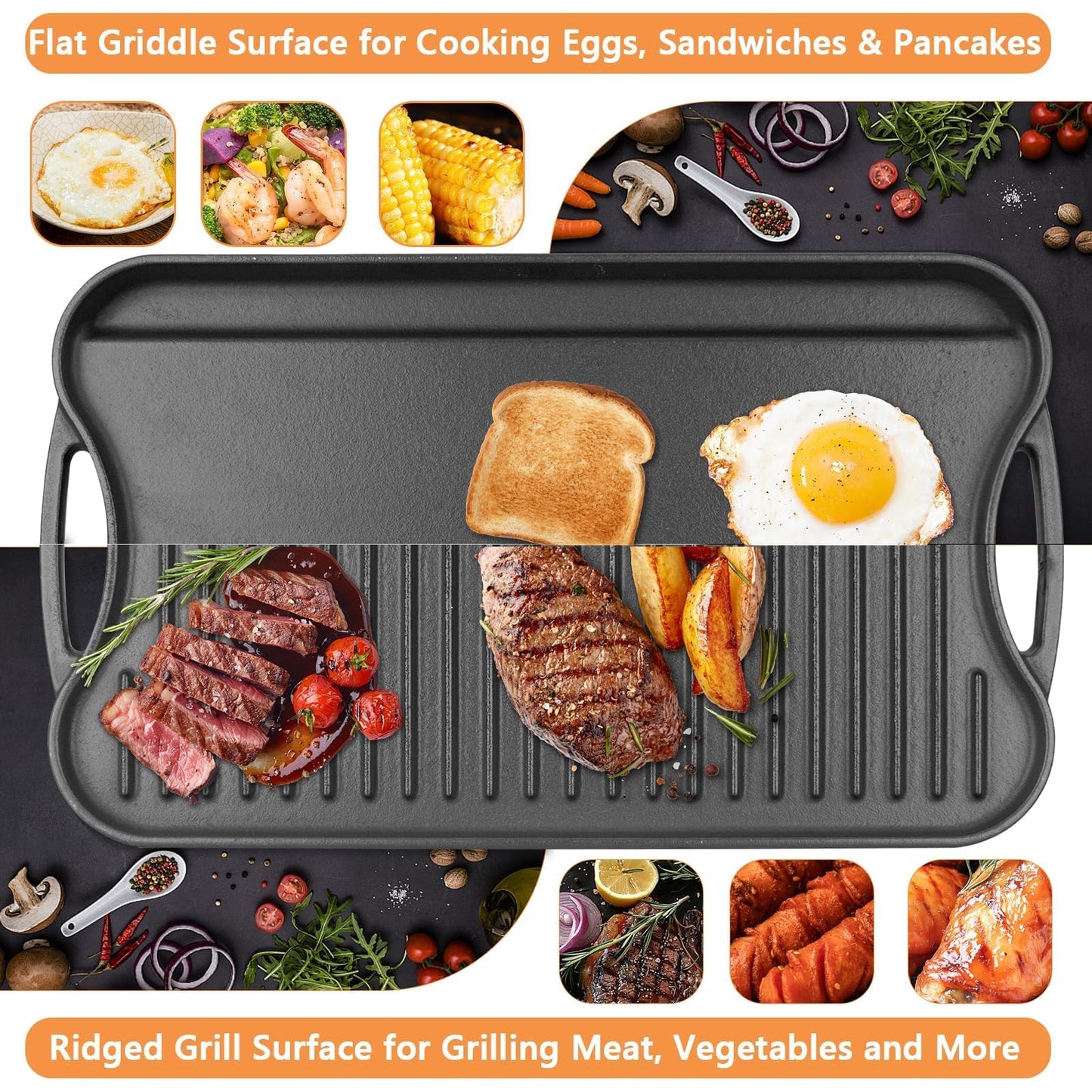 PETKAO Large Cast Iron Griddle Insert, Skillet, Oblong Grilling Pan for Stovetop,Pre-Seasoned Stovetop Griddle Gas Stove Grill Plate Oven, 17" x 10" Reversible Pancake Pan for Weber,Charbroil etc.,1PC