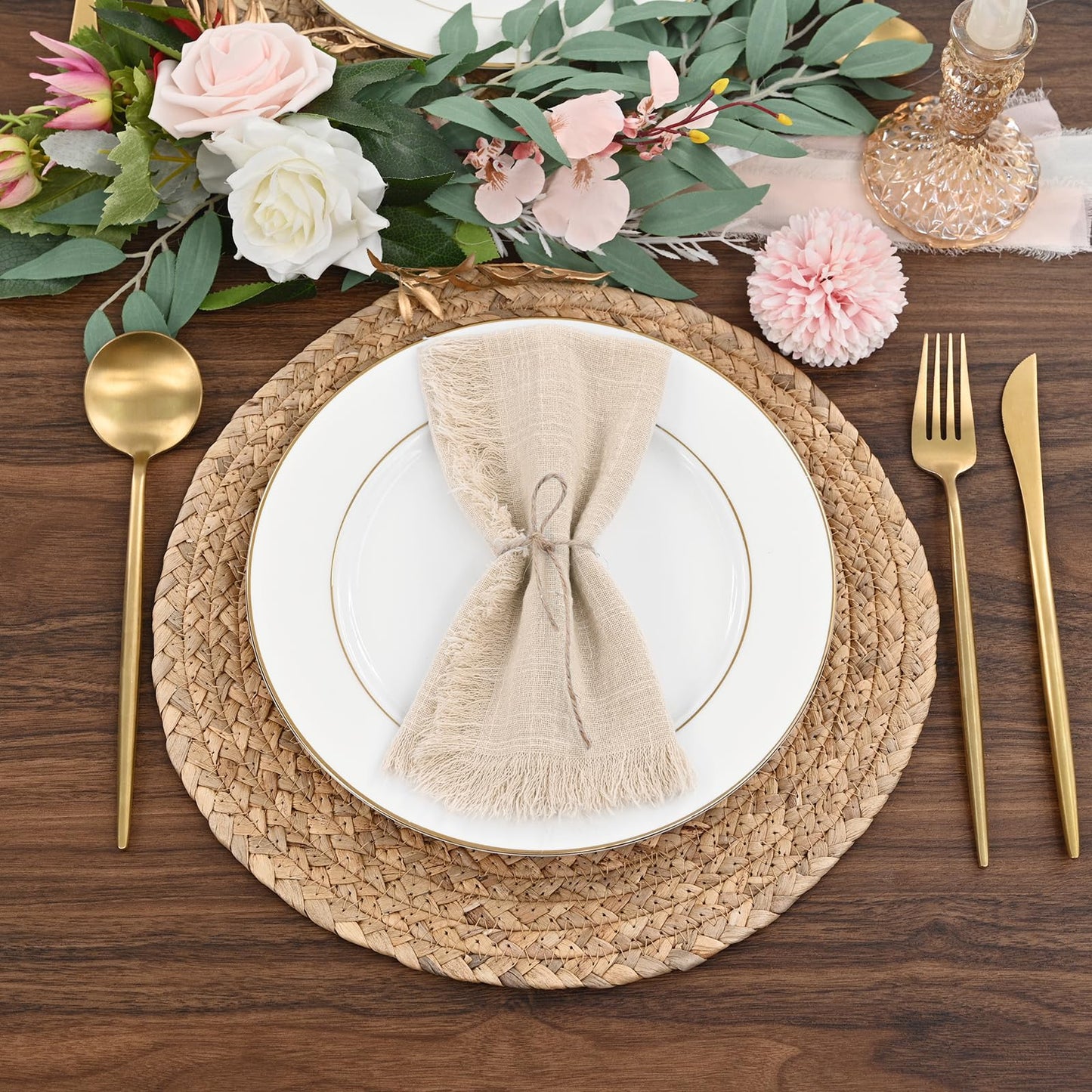 ABKLESACH 60 Pack Beige Cotton Linen Napkins 16 x 16 Inch Beige Napkins Cloth Handmade with Fringe Soft Cloth Napkins Washable Rustic Dinner Napkins Cloth for Wedding Party Dinner Table