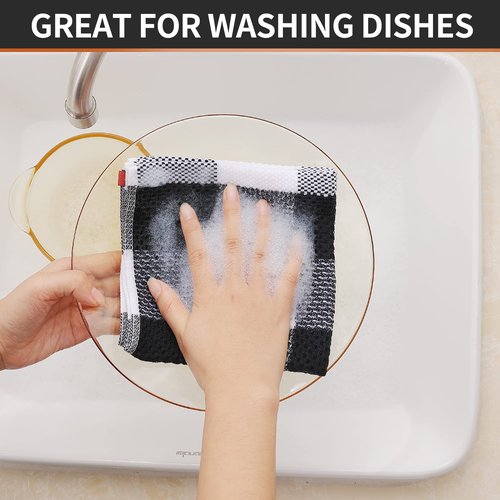 Homaxy 100% Cotton Waffle Weave Check Plaid Dish Cloths, 12 x 12 Inches, Super Soft and Absorbent Dish Towels Quick Drying Dish Rags, 6-Pack, White & Black