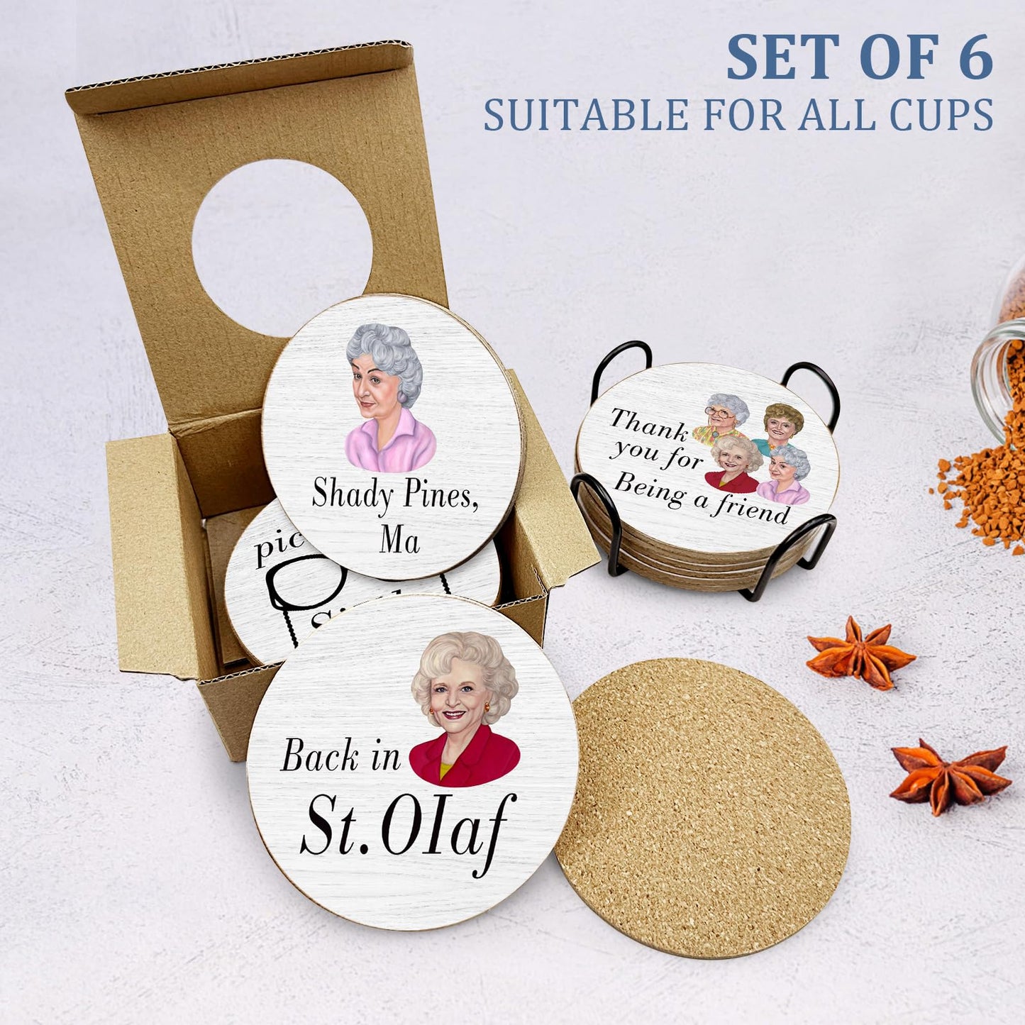 HSSPIRITZ 6 PCS Golden Girls Merchandise Cork Coasters for Drinks, Funny Coasters Set with Coaster Holder,Golden Girls TV Show Kitchen Decor Themed Coasters Gifts for Fans