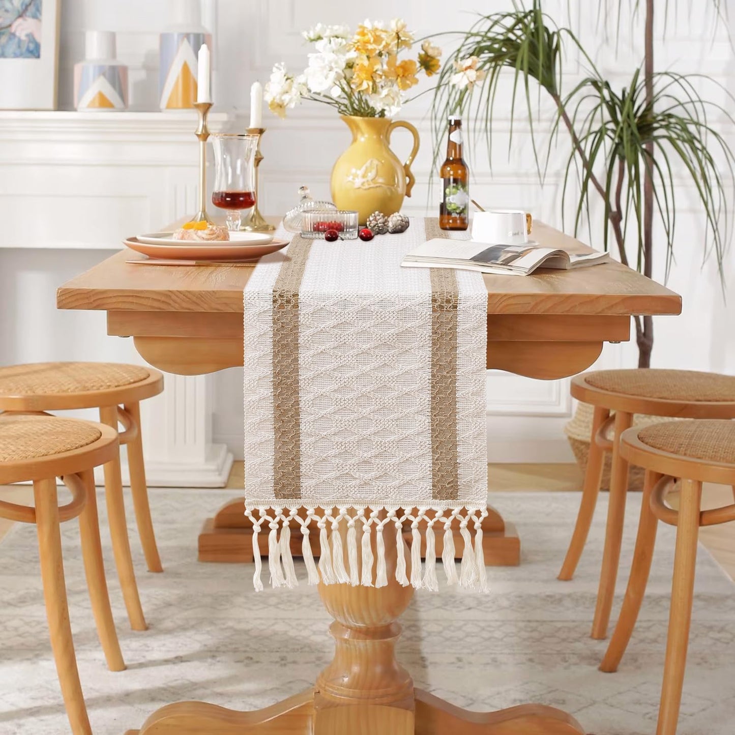 OTOSTAR Boho Table Runner with Tassels 72 Inches Long Farmhouse Rustic Table Runner Macrame Burlap Table Decoration for Home Decor Living Room Bridal Shower, Double Striped (12x72 Inches)