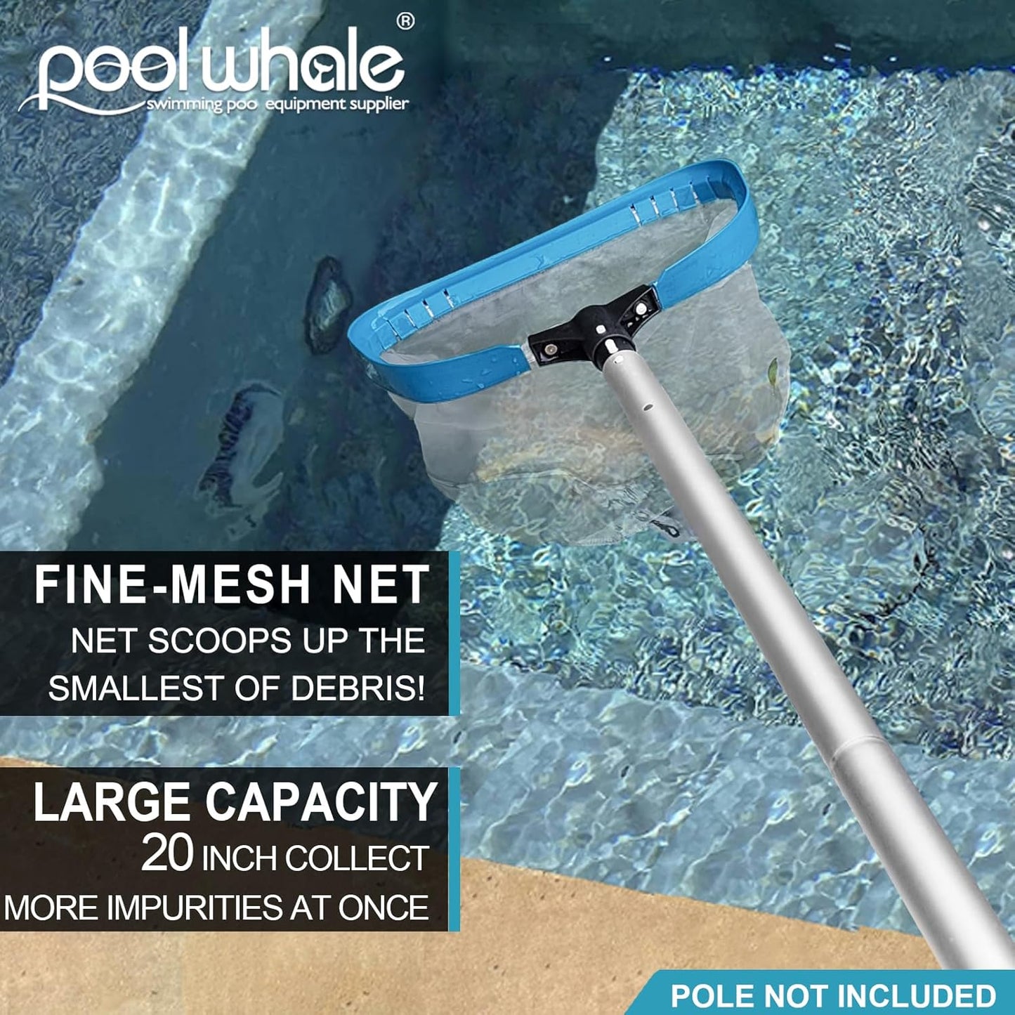 POOLWHALE Pool Net - Professional 20" Leaf Skimmer Rake with Aluminum Frame & Ultra Fine Mesh Bag