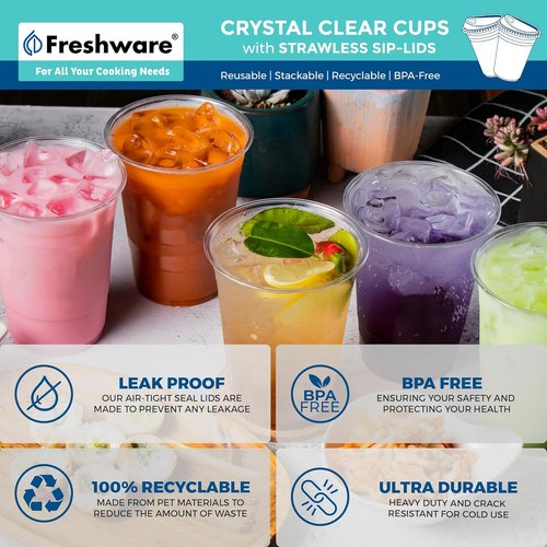 Freshware 16 oz Clear Disposable Plastic Cups - Heavy-Duty Tumblers with Strawless Sip Lids, 100 Pack