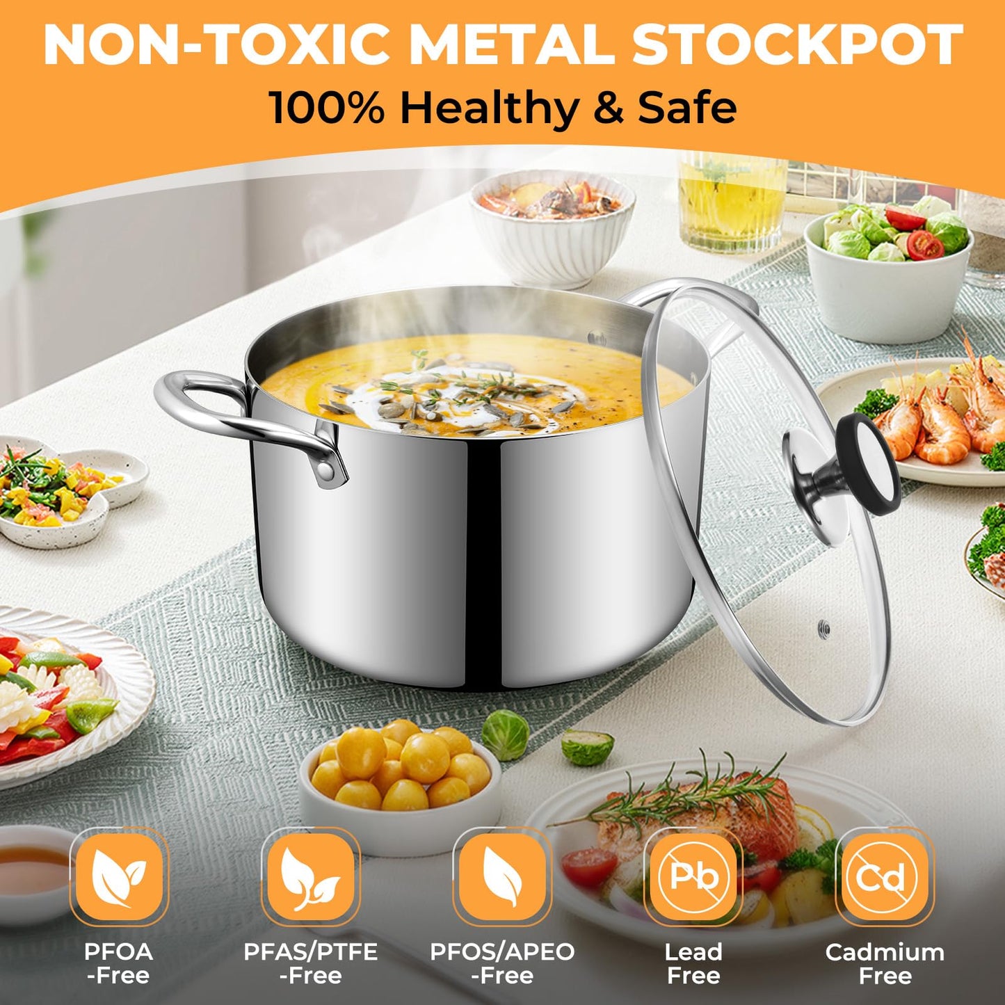Tri-Ply Stainless Steel Stock Pot, 6.5 Quart Heavy Duty Induction Cooking Pot with Visible Lid for Pasta, Soup, Spaghetti, Sturdy & Double Handle, Dishwasher Safe