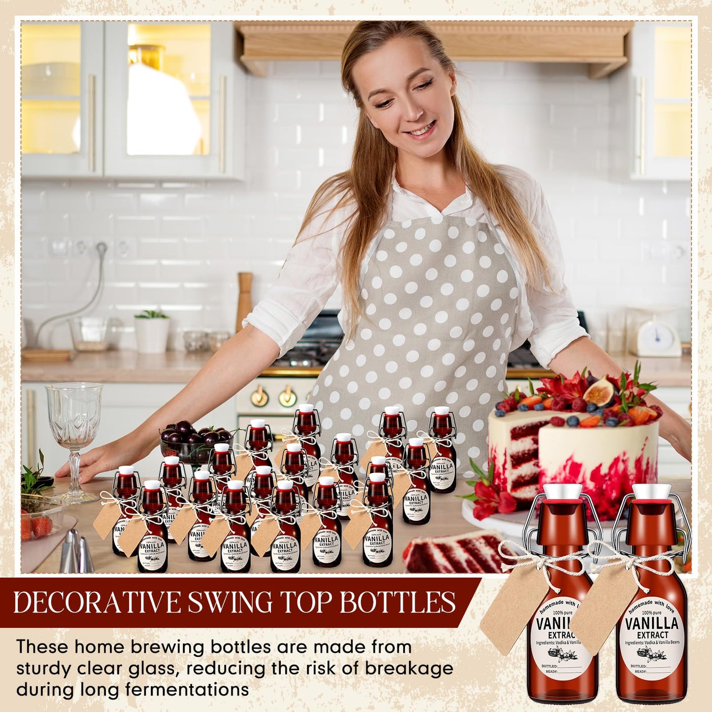 Vesici 12 Sets Swing Top Glass Bottles Set Amber Homemade Vanilla Extract Bottles Vanilla Extract Jars for Christmas DIY Crafts (8 Oz)