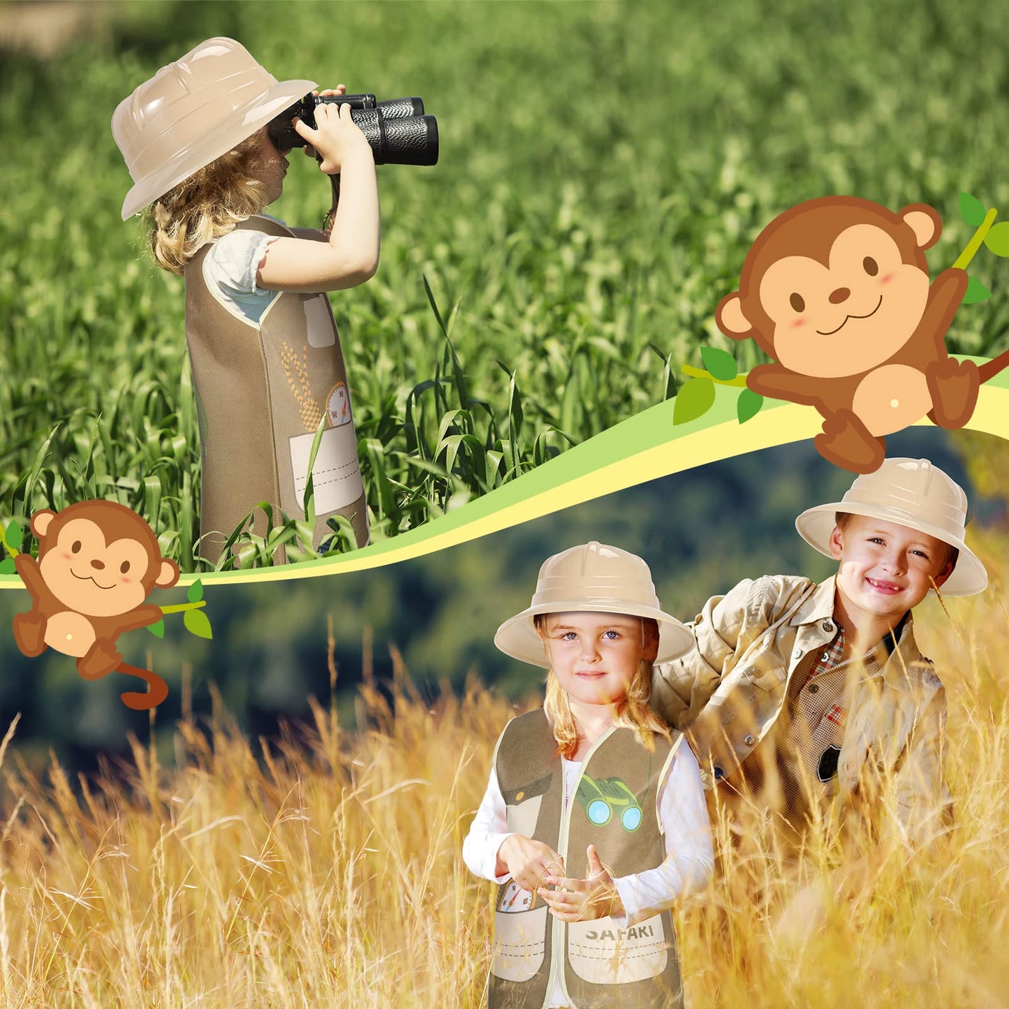 Geyoga 48 Pcs Explorer Costume Kids 24 Safari Vest and 24 Safari Hats Explorer Outfit for Kids Jungle Party Favors Outdoor Activity Halloween Birthday Gifts