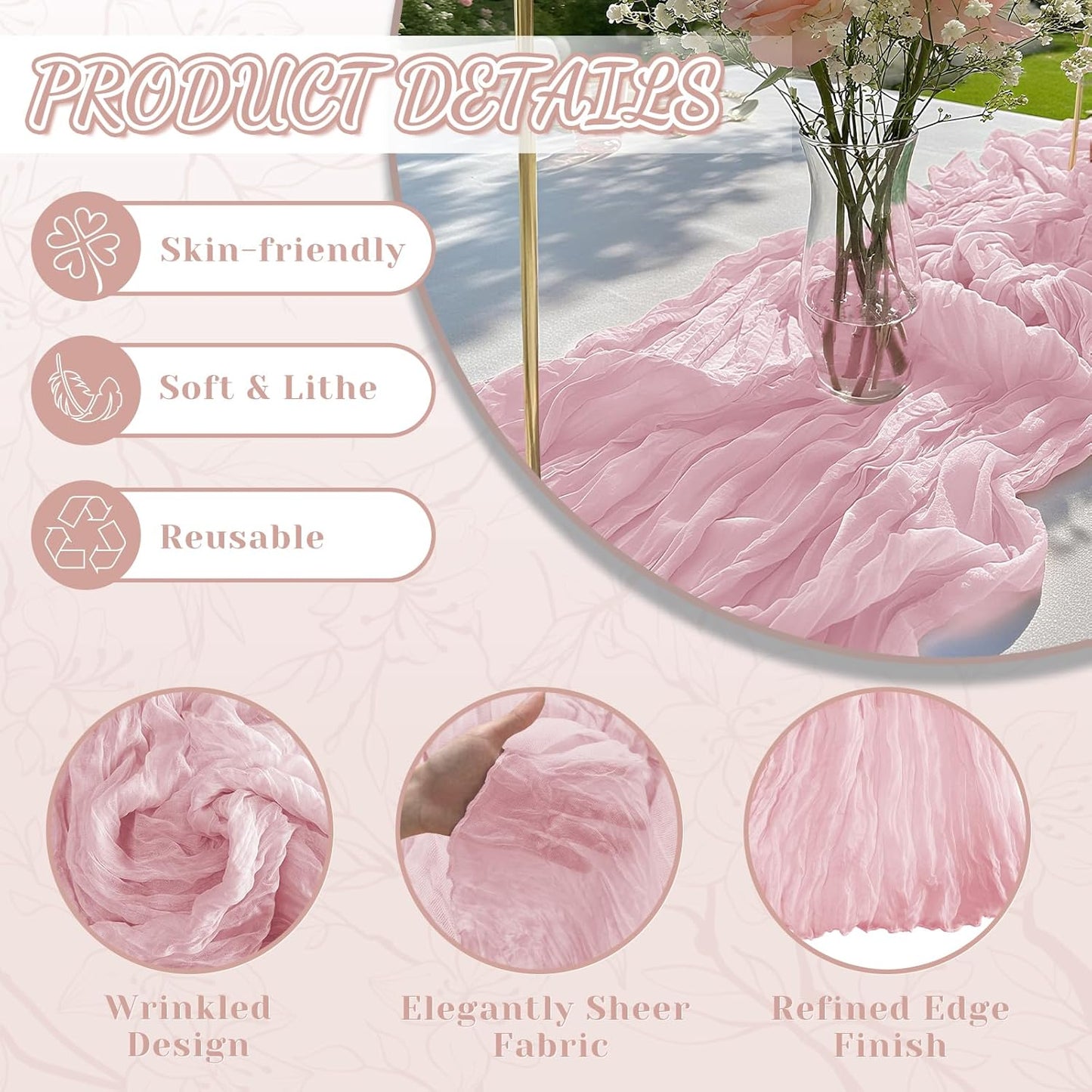 Skiennix 2 Pack Pink Cheesecloth Table Runners - 10Ft Boho Gauze for Weddings & Events | 120 Inches Long