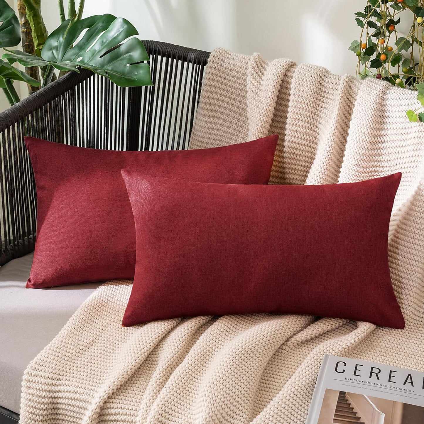 MIULEE Decorative Outdoor Throw Pillow Covers - Waterproof Faux Linen Cushion Cases | 20x12 Inch, Wine Red (Pack of 2)