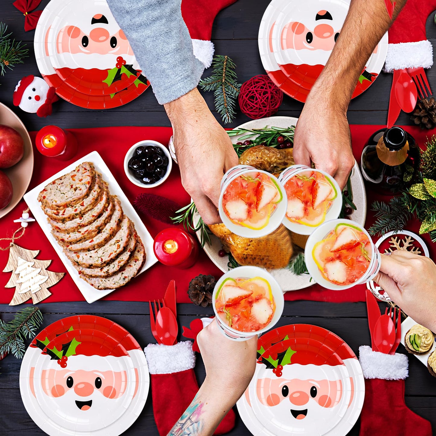 Whaline 175Pcs Christmas Party Tableware Set 7 and 9 Inch Santa Claus Paper Plates 6.5 Inch Santa Belts Napkins Cute Xmas Disposable Cups and Red Fork Spoon Knife Kit for Xmas Holiday Dinner Supplies