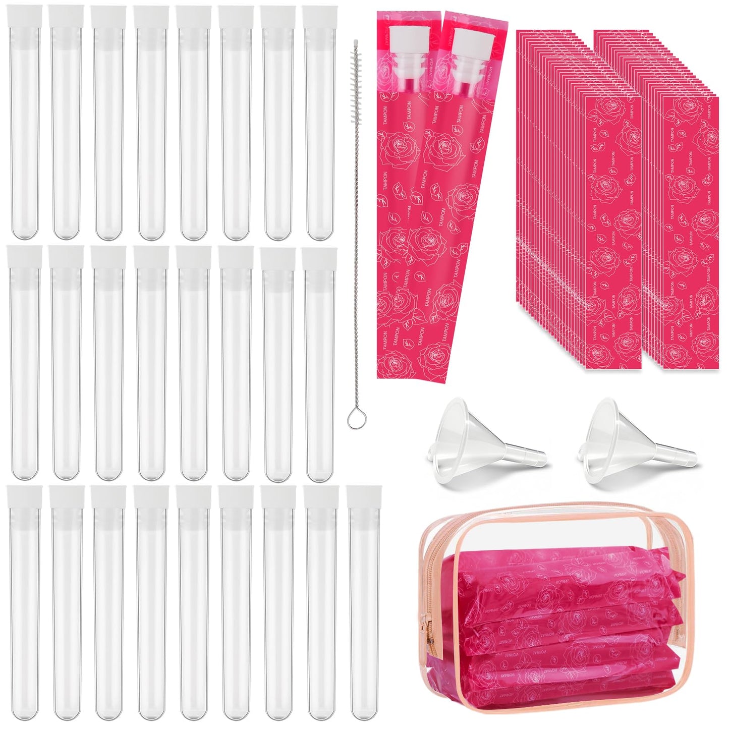 Tampon Flask Set 79 Pcs, 25 Reusable Leak-Proof Plastic Tubes with 50 Self-Adhesive Wrappers, 2 Funnels, Straw Brush, Bag, Travel Flasks for Women, Flask Containers for Cruise, Concert, Sports Events
