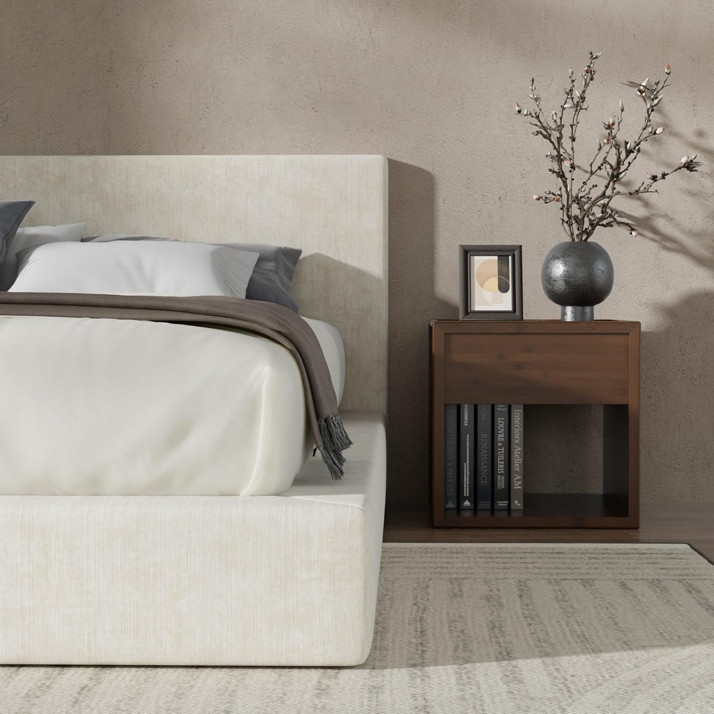 RECCI AirFrame Queen Bed Frame - Cloud Upholstered Platform with Headboard, 5-Inch Foam Cushioned, Easy Assembly | Beige Chenille