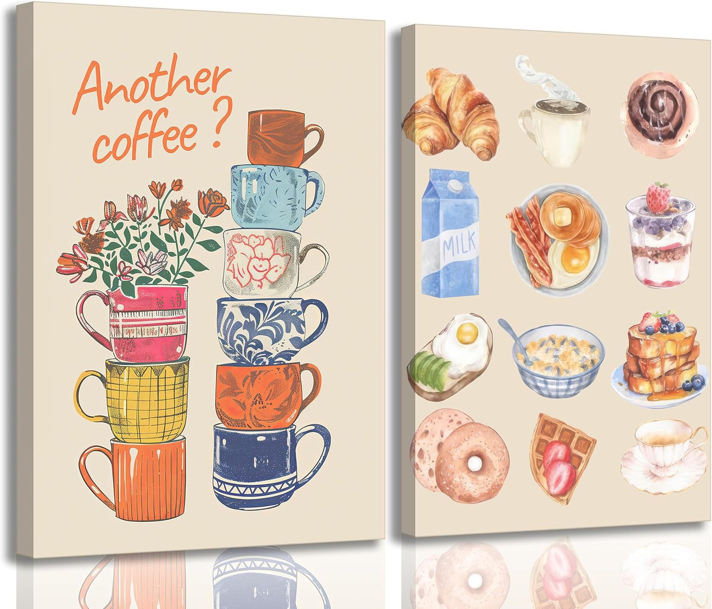 Skiennix Modern Coffee Canvas Wall Art - Colorful Croissant & Coffee Cups Print | Framed Dining Room Decor