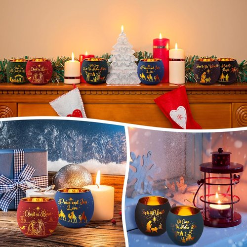 Jingmore Christmas Nativity Scene Votive Candle Holders - 6 Glass Holders with Laser Engraved Designs for Holiday Decor