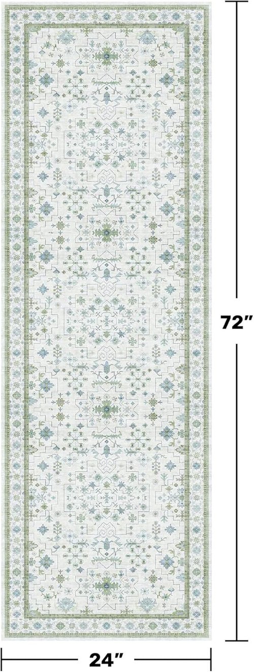 Hazo Haus Washable Oushak 2x6 Bathroom Runner Rug - Eclectic Boho Floral Design | Non-Slip, Stain-Resistant, Cream Green