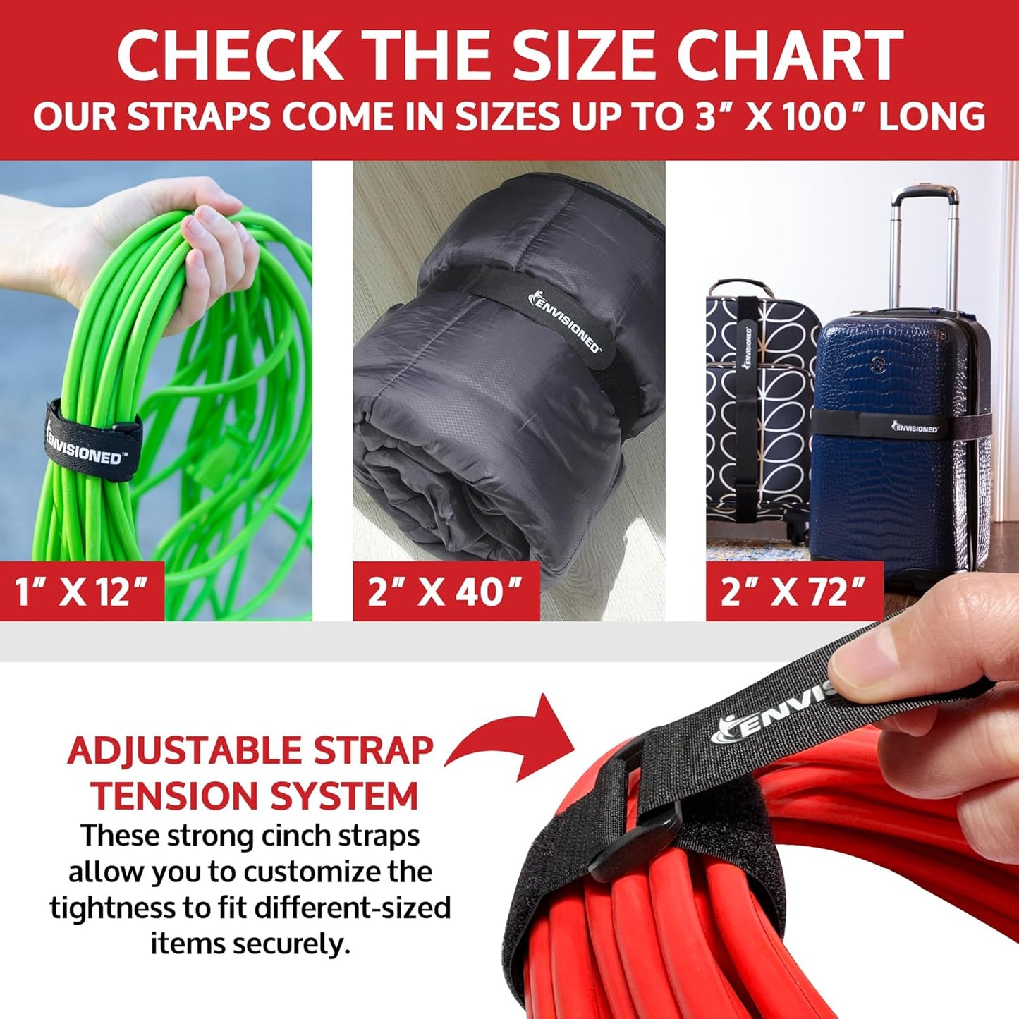 Reusable Cinch Straps 2" x 40" - 6 Pack, Strong Hook and Loop Fasteners for Secure Storage (Black)