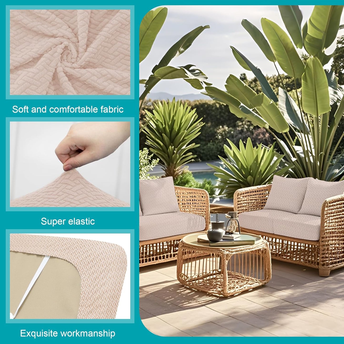 Skiennix 14-Piece Stretch Patio Cushion Covers - Washable & Reusable Outdoor Sofa Slipcovers | Beige