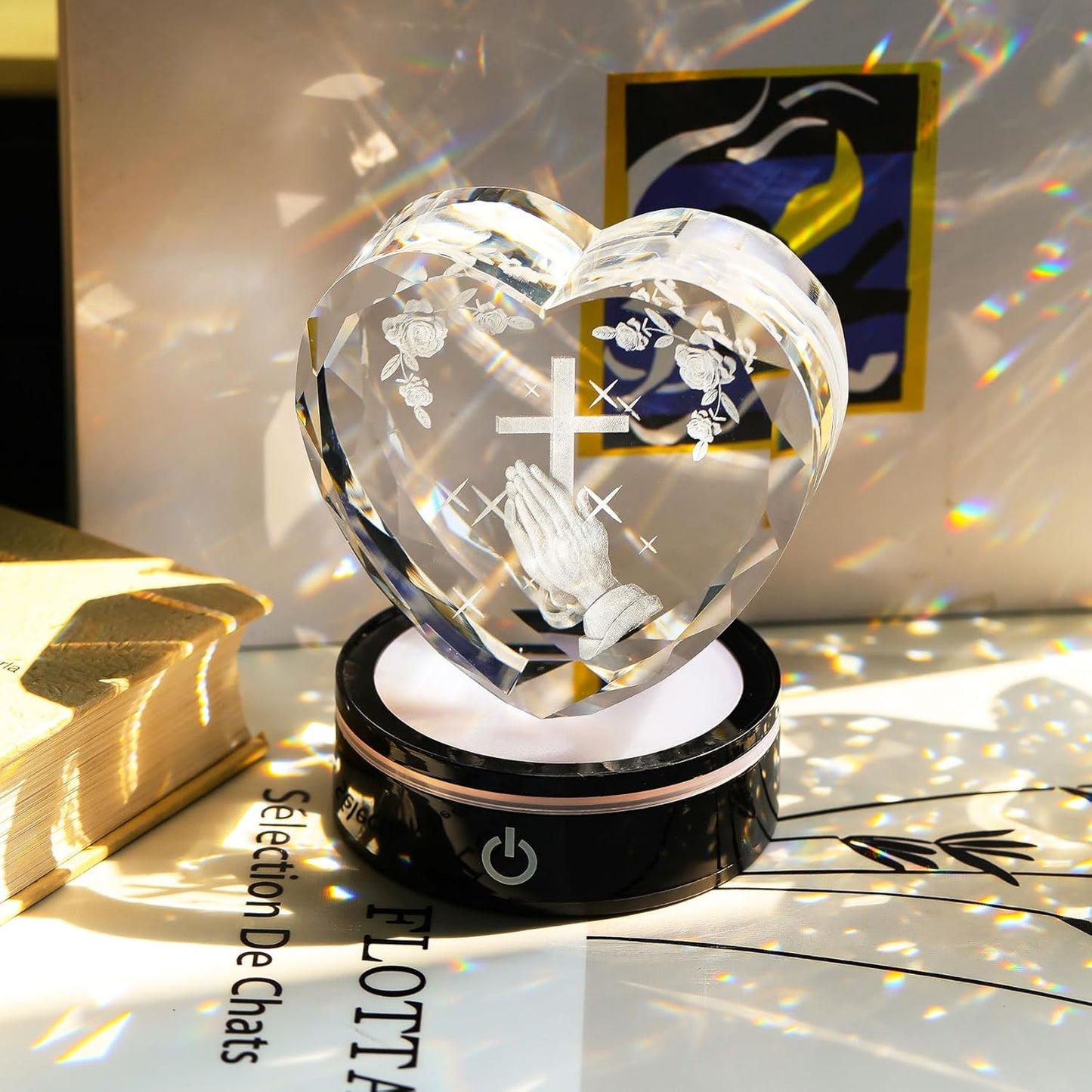 Ornalrist Crystal Heart 3D Praying Hands | Colorful LED Base | Religious Gift for Men & Women