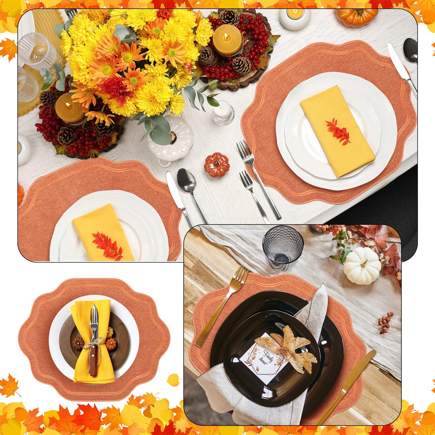 Breling 6 Pcs Orange Wedding Placemats Scalloped Embroidered Cotton Linen Placemats 17" x 13" Double Layered Machine Washable Table Place Mat for Party Table Decor (Cotton)