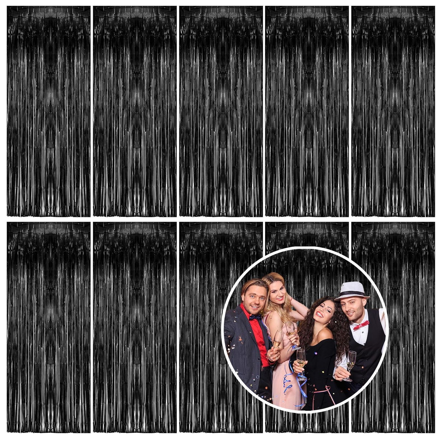 10 Pack Foil Curtain Backdrop Black Metallic Tinsel Foil Fringe Curtains Photo Booth Props for Birthday Wedding Engagement Baby Shower Bachelorette Christmas Holiday Celebration Party