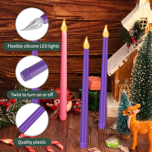 Honoson Flameless LED Taper Candles - 4 Pack for Hanukkah & Christmas | Flickering Purple & Pink Decor
