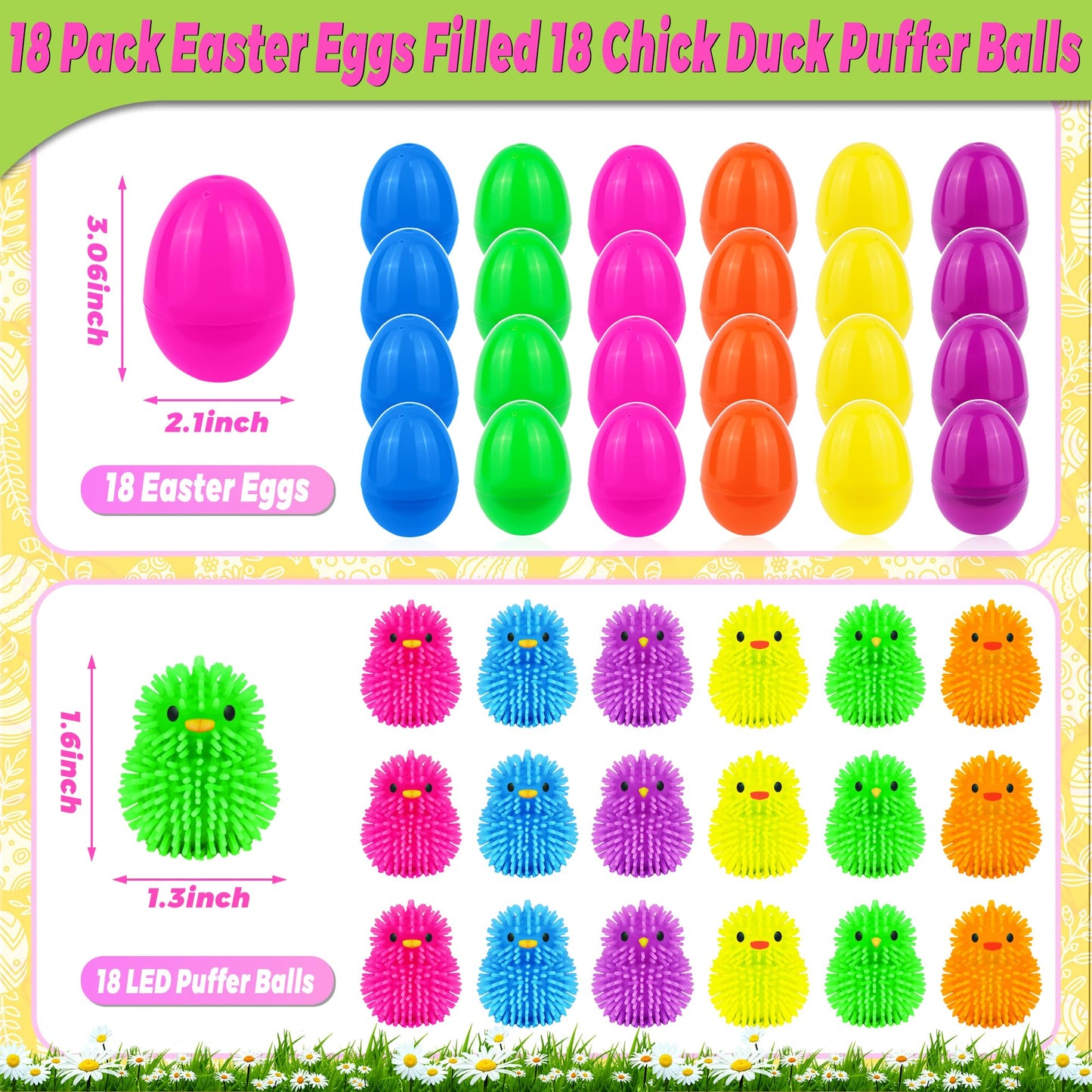 NAWITDA 18 Pack Easter Eggs Fillers with LED Chick Puffer Balls, Easter Eggs Filled with Light Up Fidget Stress Toys Squeeze Balls Glow In The Dark Easter Basket Stuffers for Easter Hunt Party Favors