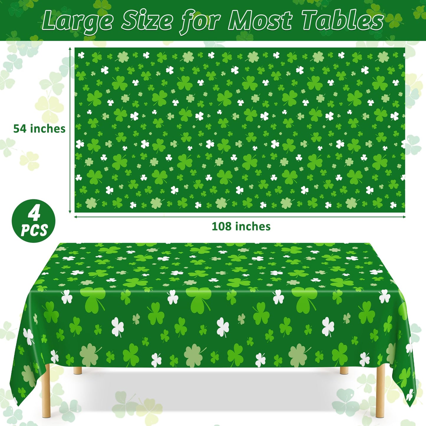 4 PCS St Patricks Day Decorations, Plastic 108" X 54" Irish St Patricks Day Tablecloth, Disposable Lucky Shamrock Decorations, Rectangle Shamrock Green Table Cloths, Lucky Decor for Memorable Table