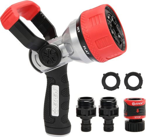 Eden 96806 Heavy-Duty Metal Fireman Hose Nozzle - 7 Spray Patterns & Quick Connect Set