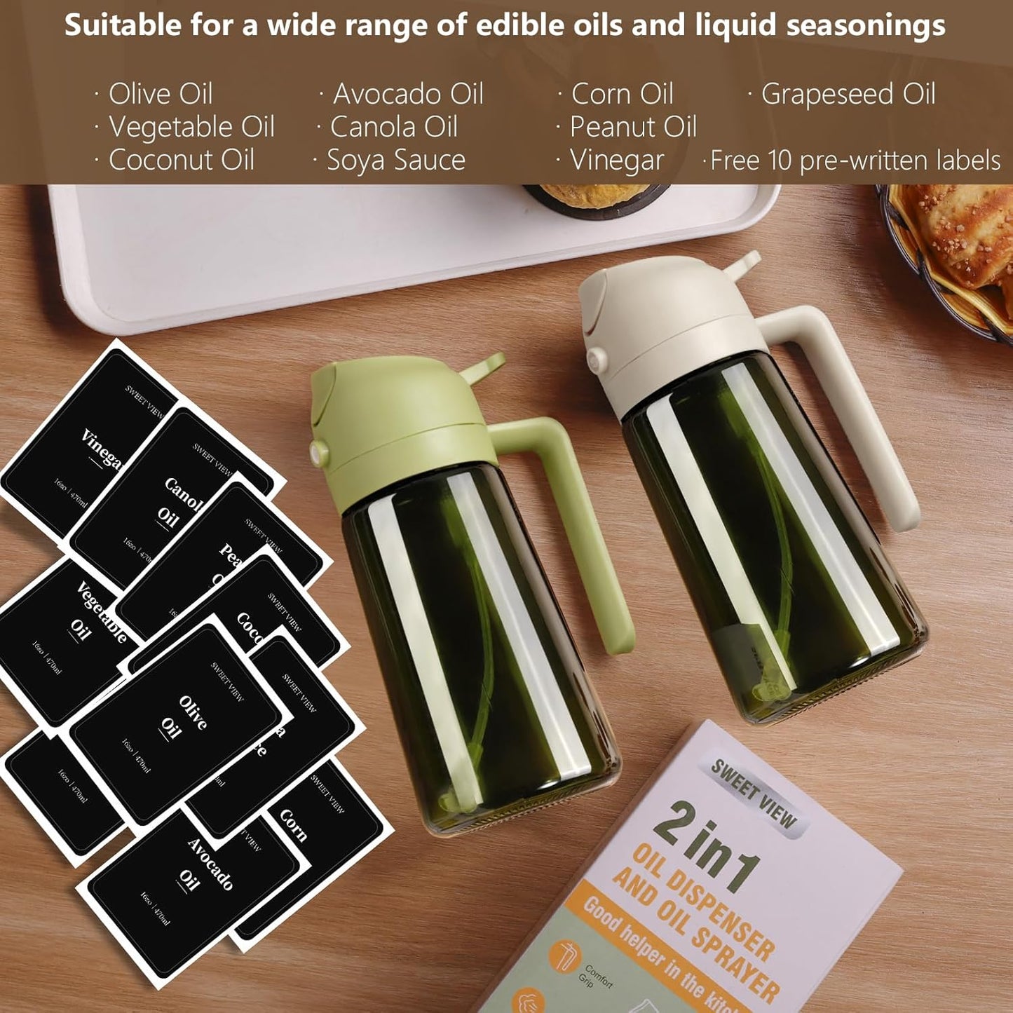 Sweet View Olive Oil Dispenser & Sprayer - 16oz Glass Light-Proof Pourer for Cooking & BBQ