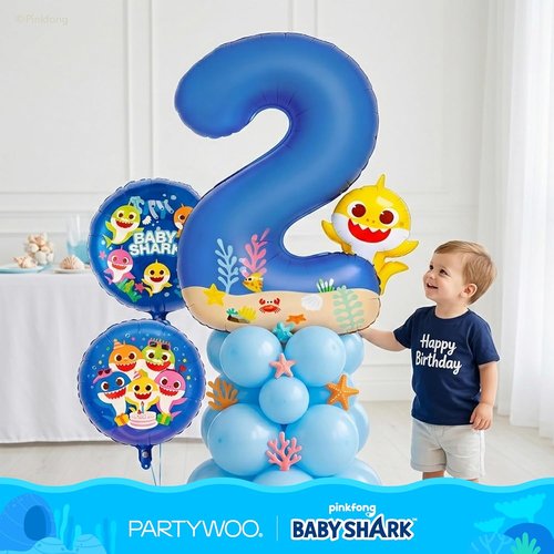 **PartyWoo Baby Shark Number 2 Balloon Set - 5pcs 18-Inch Blue Mylar Helium Balloons for Kids' Birthday**