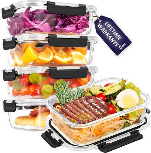 HOTEC 35oz Glass Food Storage Containers - Airtight Lunch & Fruit Containers, 4-Pack | Microwave & Dishwasher Safe