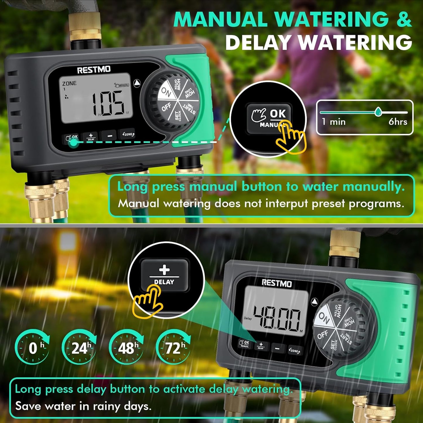 RESTMO 4-Outlet Sprinkler Timer - Programmable Digital Water Timer for Garden Hose | Brass Inlet, Rain Delay