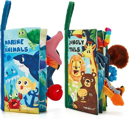 Hahaland Baby Toys - Soft Cloth Crinkle Books for Infants | 2-Pack Sensory Touch Books 0-12 Months