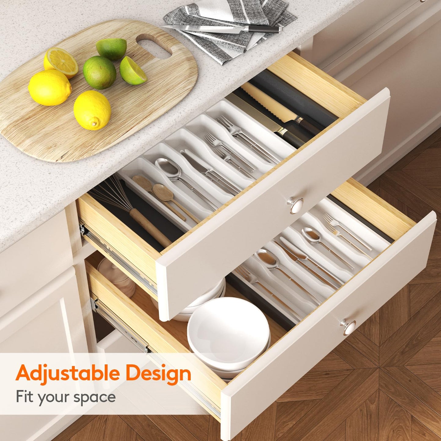 Lifewit Silverware Drawer Organizer, Expandable Utensil Tray for Kitchen, BPA Free Flatware and Cutlery Holder, Adjustable Plastic Storage for Spoons Forks Knives, 13-22 x 15", White&Black
