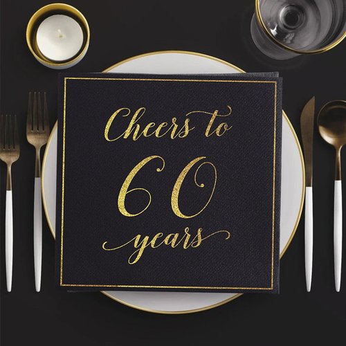 Heyiminy 20 Pack Cheers to 60 Years Napkins, Black and Gold 60th Birthday Napkins, 13 * 13 Inch Disposable Paper Cocktail Dinner Napkins for Birthday Wedding Anniversary Party Decorations (60 Years)