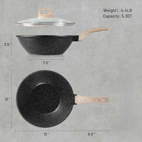 CAROTE Non-Stick Wok - 12'' Granite Stir-Fry Pan with Lid | 5.3QT Induction Cookware