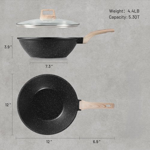 CAROTE Non Stick Wok with Lid 12''/5.3QT Woks & Stir-fry Pans Nonstick Granite Wok Pan Induction Cookware Deep Frying Pan, Compatible with All Stovetops