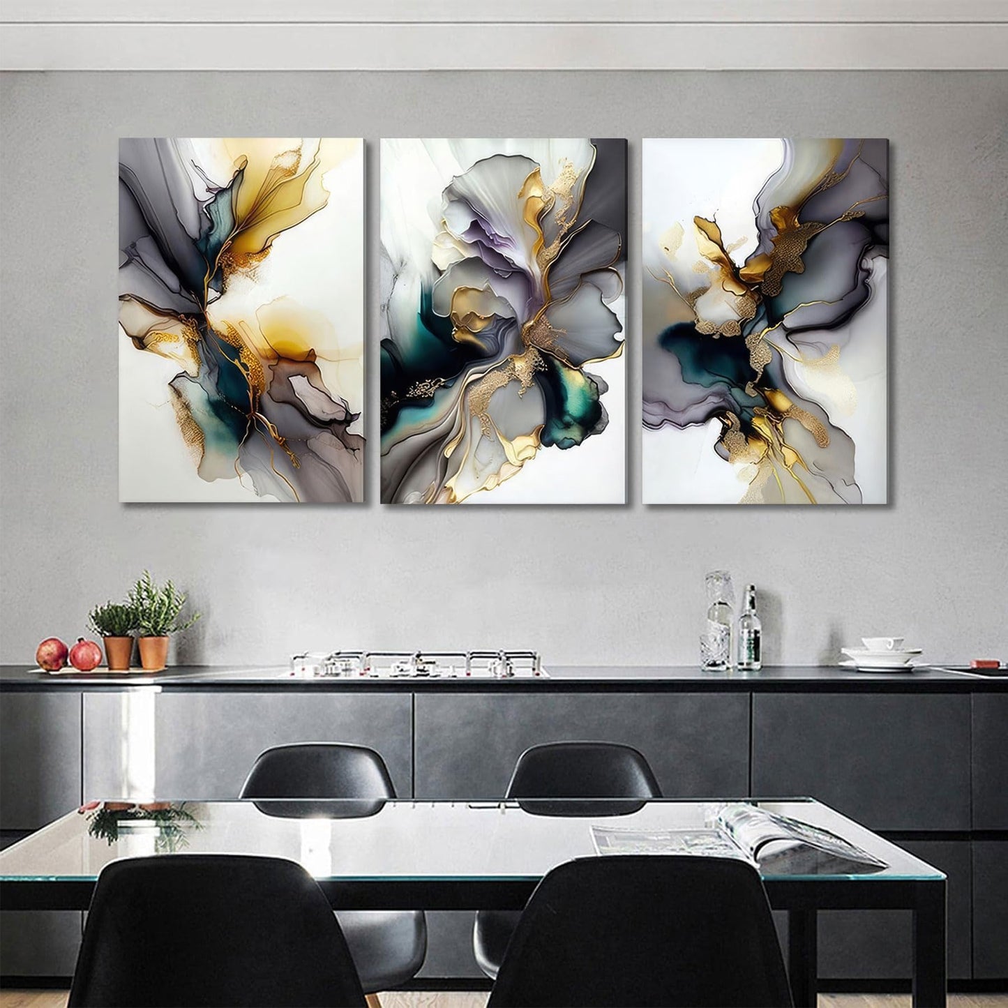 3pcs Black And Gold Abstract Canvas Wall Art Modern Texture Grey And Gold Marble Fluid Wall Decor Posters Prints Pictures for Living Room Bedroom Office Home Decoration Ready To Hang